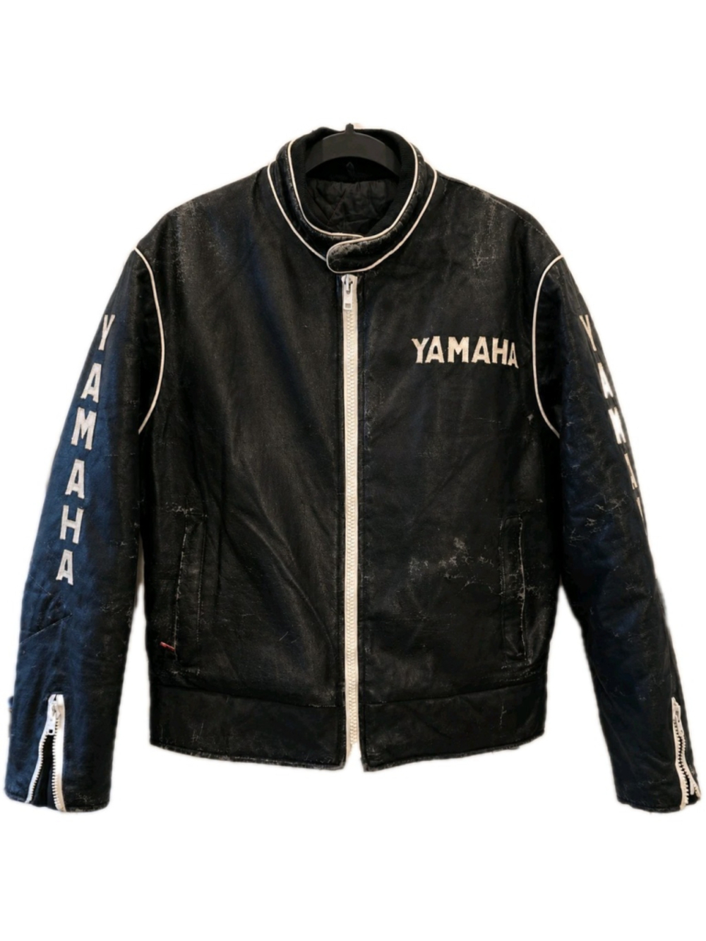 VTG Yamaha Racing Faux Leather Motorcycle Jacket Black White Zip Moto Men’s M